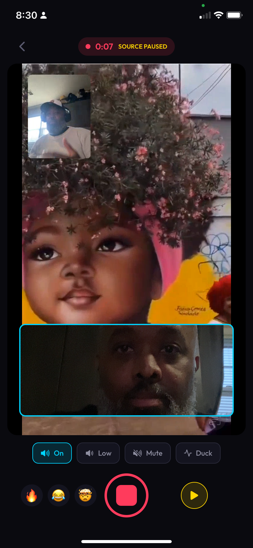 ClipDuet recording screen with the source paused while the facecam remains visible